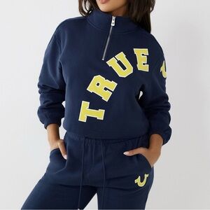 True Religion Collegiate Navy Blue and Yellow Quarter Zip Cropped Sweatshirt